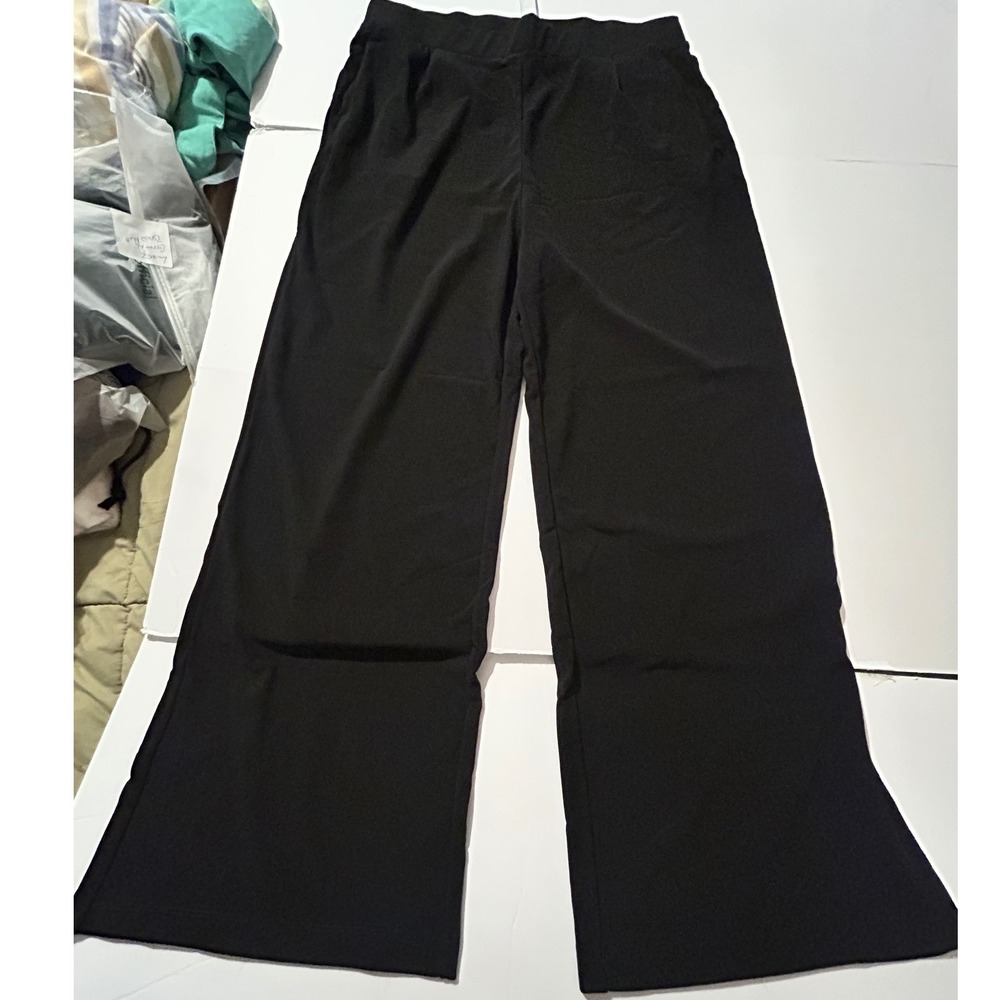 Halara Black High Waisted Wide Leg Ribbed Flowy Pants Large Regular NEW